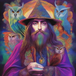 Create a vibrant and colorful psychedelic portrait of a young human wizard who specializes in divination