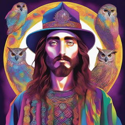 Create a vibrant and colorful psychedelic portrait of a young human wizard who specializes in divination