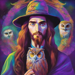 Create a vibrant and colorful psychedelic portrait of a young human wizard who specializes in divination