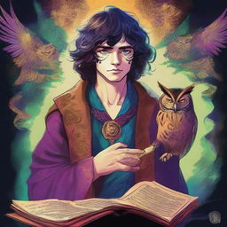 A vibrant, psychedelic portrait of a young human wizard who specializes in divination