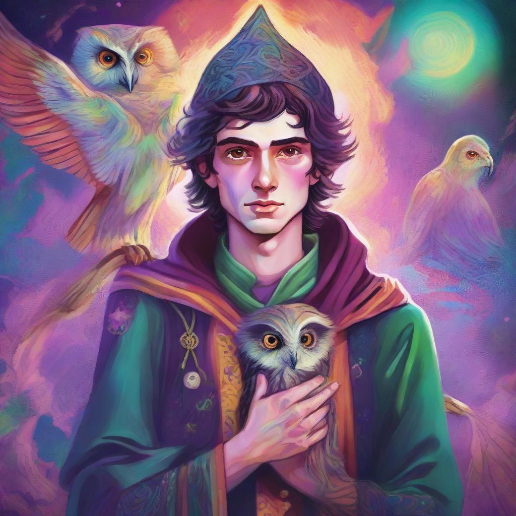 A colorful, psychedelic portrait of a young human wizard who specializes in divination