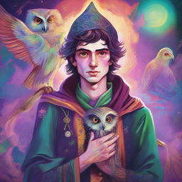 A colorful, psychedelic portrait of a young human wizard who specializes in divination