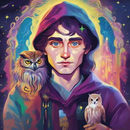 A colorful, psychedelic portrait of a young human wizard who specializes in divination