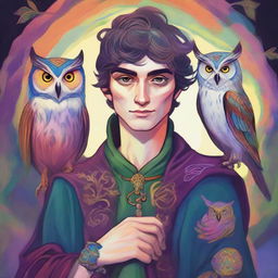 A colorful, psychedelic portrait of a young human wizard who specializes in divination