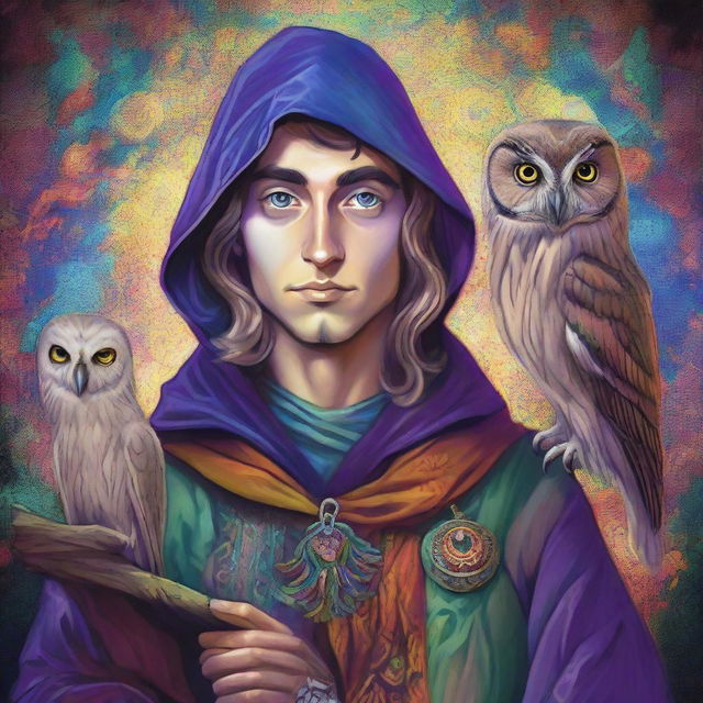 A vibrant, psychedelic portrait of a young human wizard, a specialist in divination