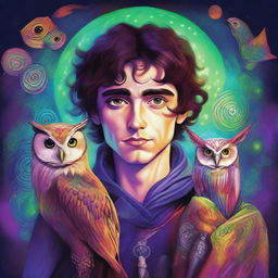 A vibrant, psychedelic portrait of a young human wizard, a specialist in divination