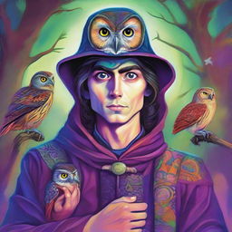 A vibrant, psychedelic portrait of a young human wizard, a specialist in divination