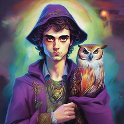 A vibrant, psychedelic portrait of a young human wizard, a specialist in divination