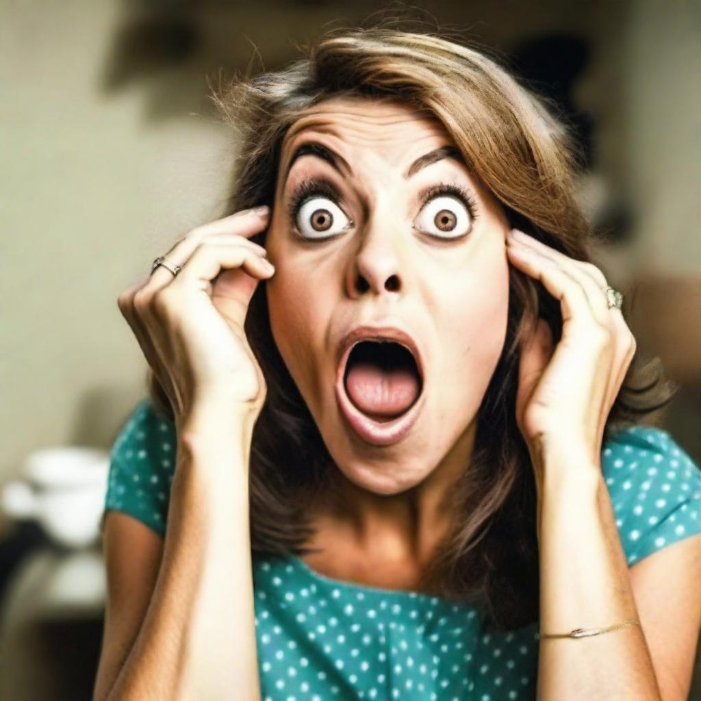 Illustrate a comedic scene where a woman is surprised, with her eyes wide open in astonishment, as if she's experienced a sudden jolt or a metaphorical 'blow'