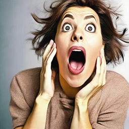 Illustrate a comedic scene where a woman is surprised, with her eyes wide open in astonishment, as if she's experienced a sudden jolt or a metaphorical 'blow'