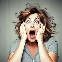 Illustrate a comedic scene where a woman is surprised, with her eyes wide open in astonishment, as if she's experienced a sudden jolt or a metaphorical 'blow'