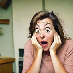 Illustrate a comedic scene where a woman is surprised, with her eyes wide open in astonishment, as if she's experienced a sudden jolt or a metaphorical 'blow'