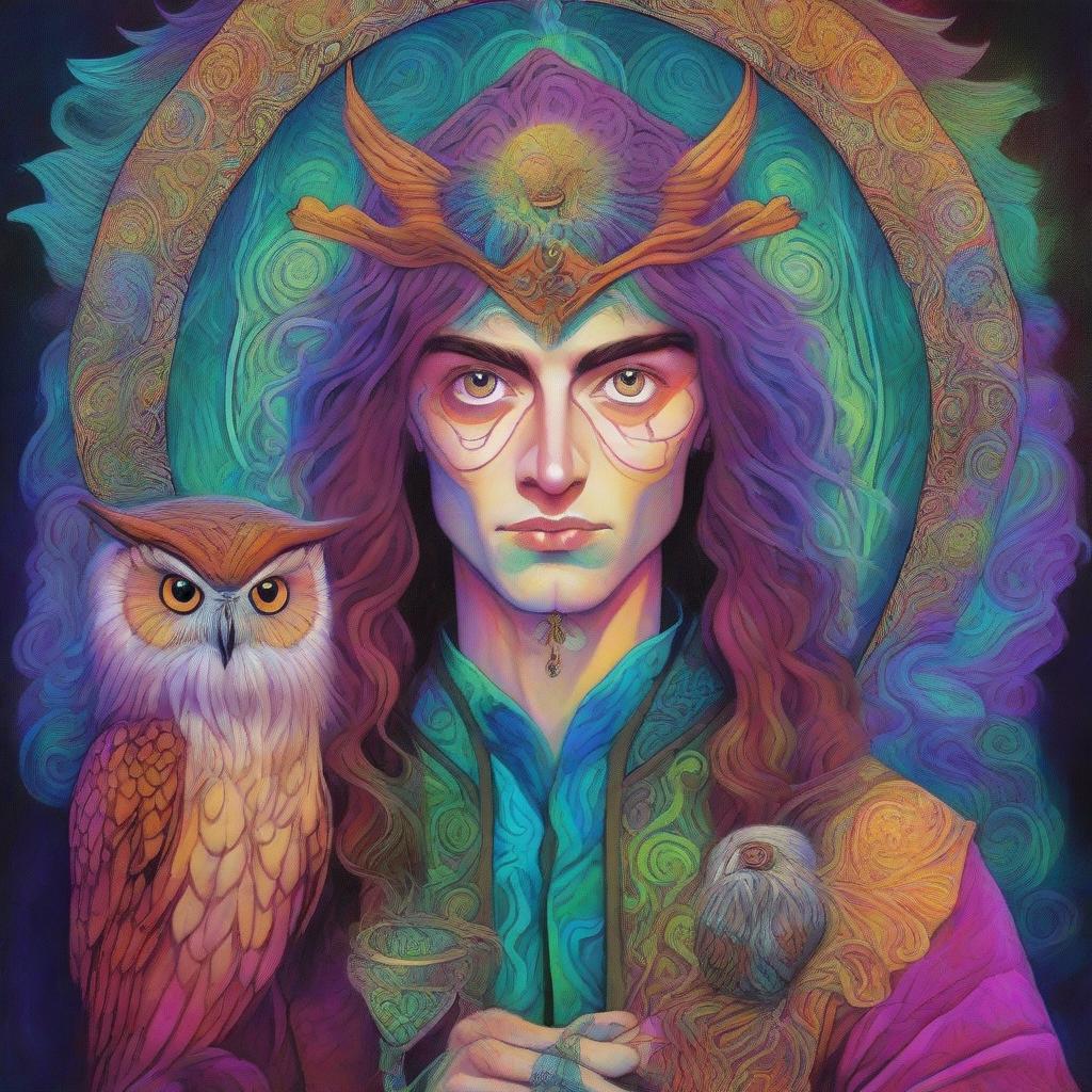 A colorful psychedelic portrait of a young human wizard who specializes in divination