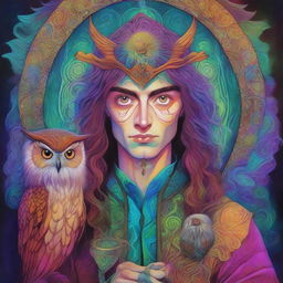 A colorful psychedelic portrait of a young human wizard who specializes in divination