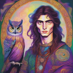 A colorful psychedelic portrait of a young human wizard who specializes in divination