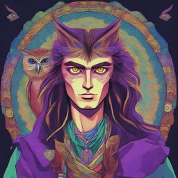 A colorful psychedelic portrait of a young human wizard who specializes in divination