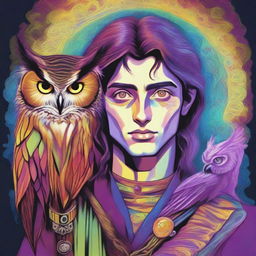 A colorful psychedelic portrait of a young human wizard who specializes in divination