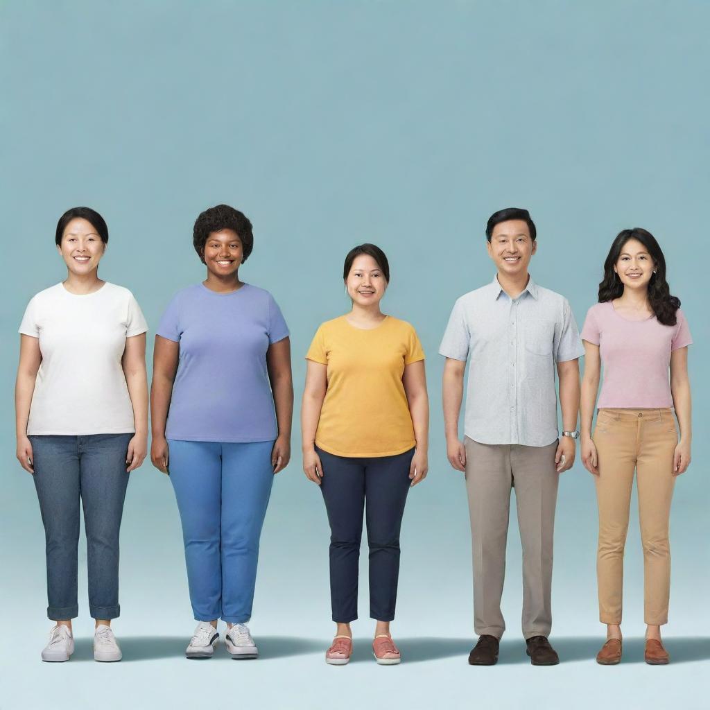 Illustrate a diverse group of people, each having a height of 155cm and weight of 112kg, engaging in various everyday activities.