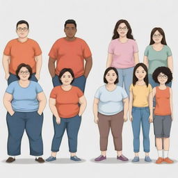 Illustrate a diverse group of people, each having a height of 155cm and weight of 112kg, engaging in various everyday activities.