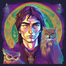 A colorful psychedelic portrait of a young human wizard who specializes in divination