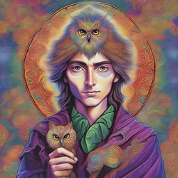 A colorful psychedelic portrait of a young human wizard who specializes in divination