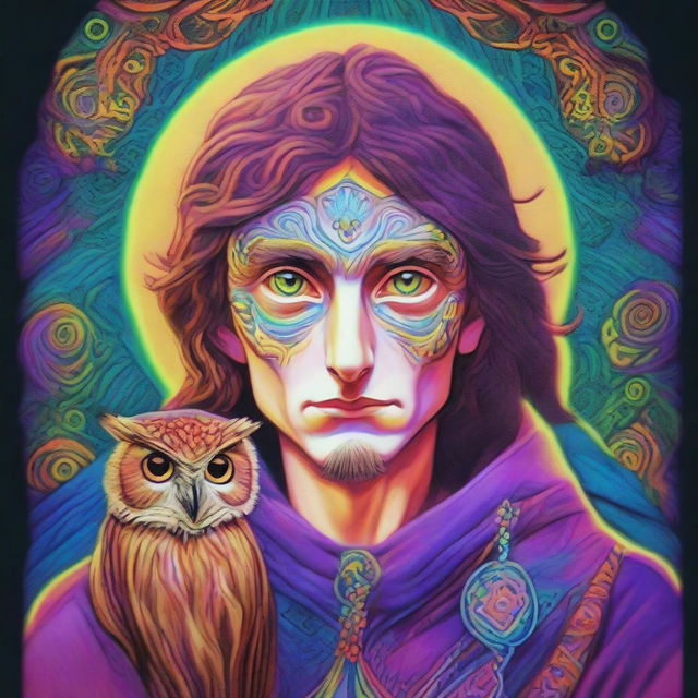 A colorful psychedelic portrait of a young human wizard who specializes in divination