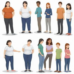 Illustrate a diverse group of people, each having a height of 155cm and weight of 112kg, engaging in various everyday activities.