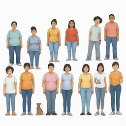 Illustrate a diverse group of people, each having a height of 155cm and weight of 112kg, engaging in various everyday activities.