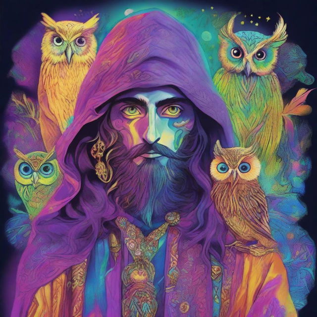 A psychedelic portrait of a young human wizard, specializing in divination, rendered in vibrant colors