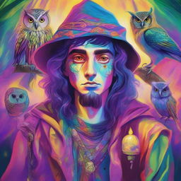 A psychedelic portrait of a young human wizard, specializing in divination, rendered in vibrant colors