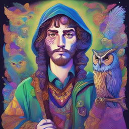 A psychedelic portrait of a young human wizard, specializing in divination, rendered in vibrant colors