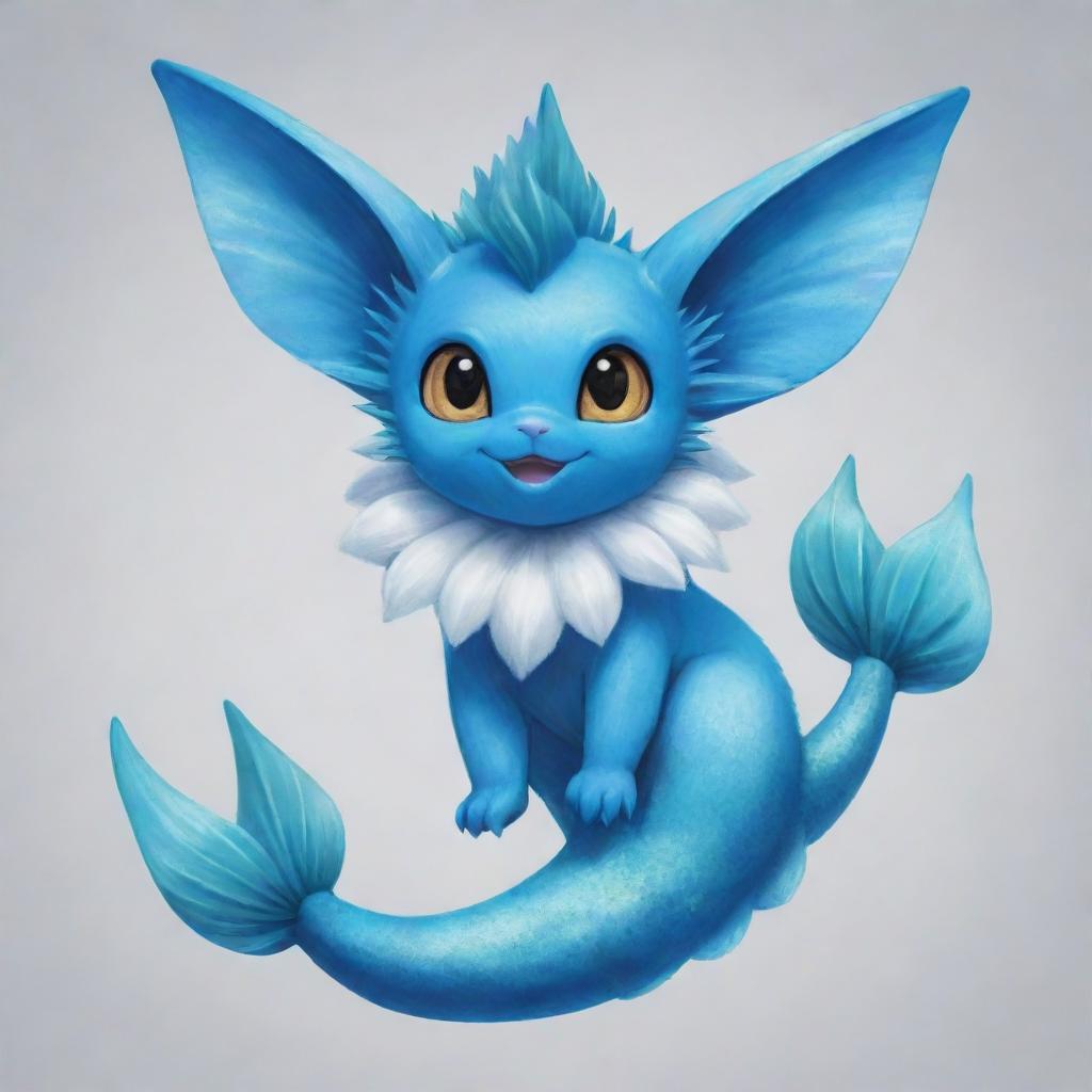 A detailed illustration of Vaporeon, a blue, aquatic creature from the Pokemon series, with a mermaid-like tail, fluffy collar, and playful expressions.