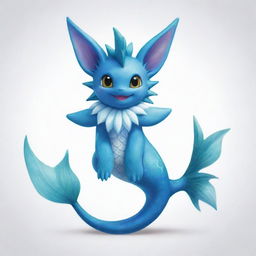 A detailed illustration of Vaporeon, a blue, aquatic creature from the Pokemon series, with a mermaid-like tail, fluffy collar, and playful expressions.