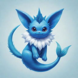 A detailed illustration of Vaporeon, a blue, aquatic creature from the Pokemon series, with a mermaid-like tail, fluffy collar, and playful expressions.