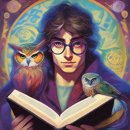 A colorful, psychedelic portrait of a young human wizard who specializes in divination