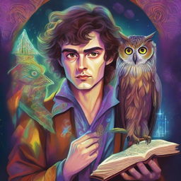 A colorful, psychedelic portrait of a young human wizard who specializes in divination