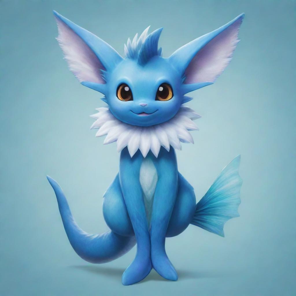 A detailed illustration of Vaporeon, a blue, aquatic creature from the Pokemon series, with a mermaid-like tail, fluffy collar, and playful expressions.