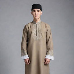 A tall and muscular Korean man dressed in traditional Muslim attire, standing at 6'2