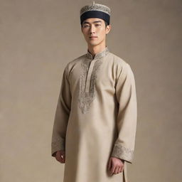 A tall and muscular Korean man dressed in traditional Muslim attire, standing at 6'2