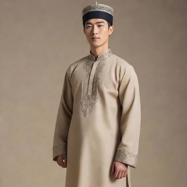 A tall and muscular Korean man dressed in traditional Muslim attire, standing at 6'2