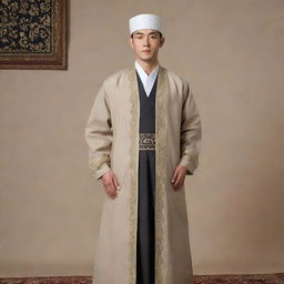 A tall and muscular Korean man dressed in traditional Muslim attire, standing at 6'2