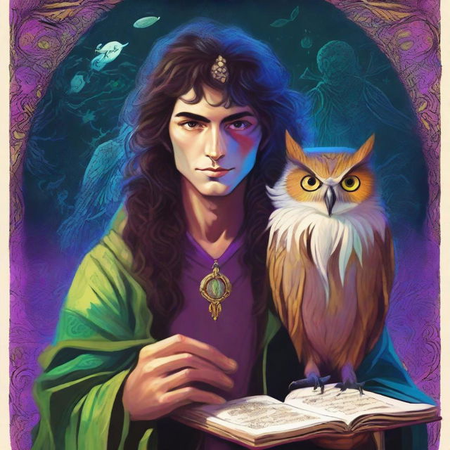 A vibrant, psychedelic portrait of a young human wizard who specializes in divination