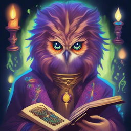 A vibrant, psychedelic portrait of a young human wizard who specializes in divination
