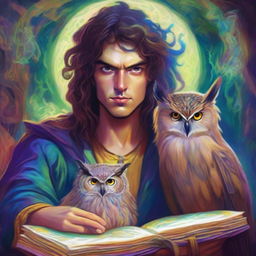 A vibrant, psychedelic portrait of a young human wizard who specializes in divination