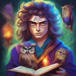 A vibrant, psychedelic portrait of a young human wizard who specializes in divination