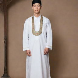 A tall and muscular Korean man dressed in traditional Muslim attire, standing at 6'2