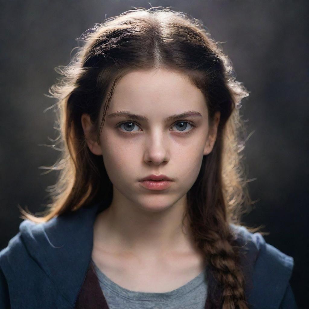 A teenage girl named Seraphina with an aura of rebellion and determination. She has a stifled, longing expression, hinting at her confined life. Background should evoke a sense of fantasy.