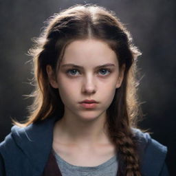 A teenage girl named Seraphina with an aura of rebellion and determination. She has a stifled, longing expression, hinting at her confined life. Background should evoke a sense of fantasy.