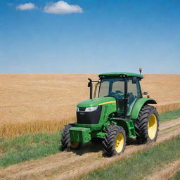 A robust and powerful tractor in vibrant green, positioned amidst a field covered in golden wheat under a clear blue sky.