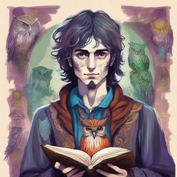 A colorful and psychedelic portrait of a young human wizard who specializes in divination